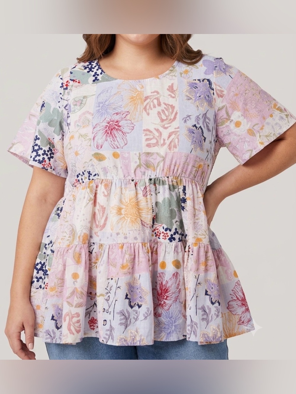 Arula Altar’d State Floral Pastel 100% Cotton Patchwork Babydoll Blouse size XL